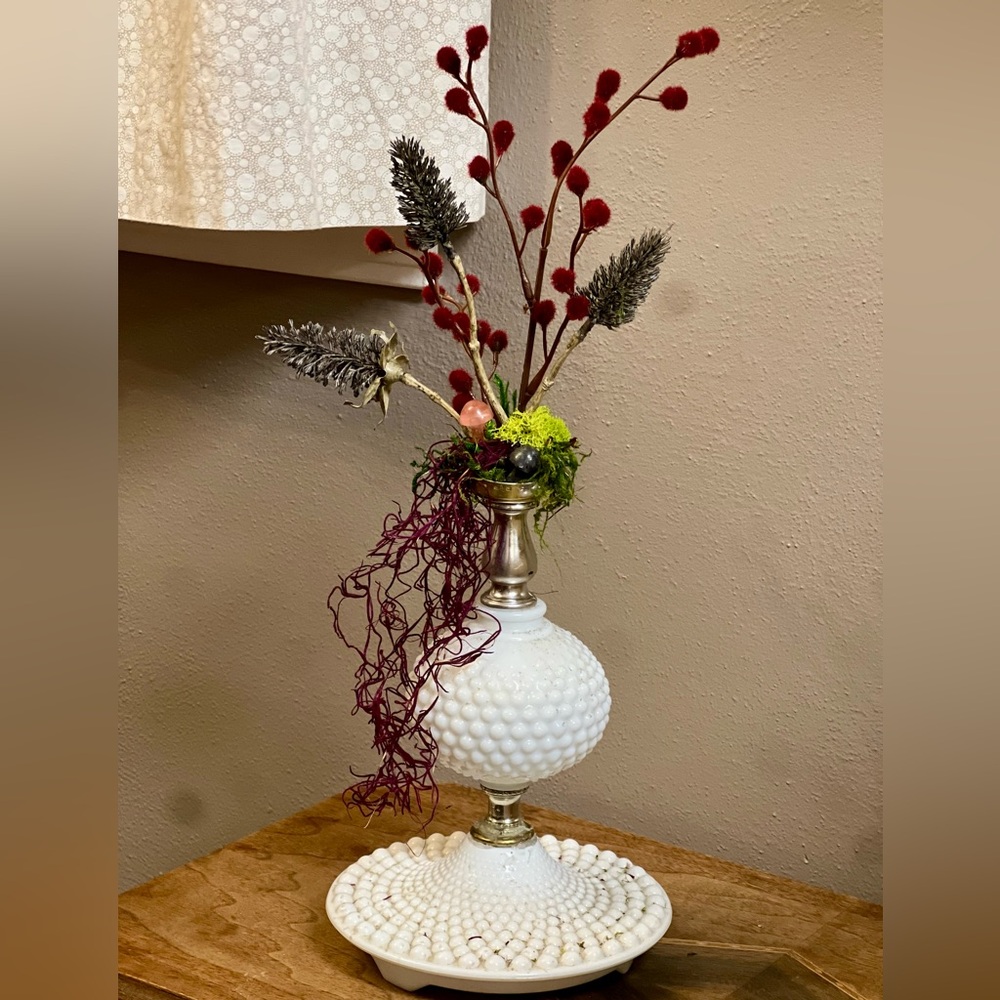 Witchy boho Up cycled vintage milk glass lamp